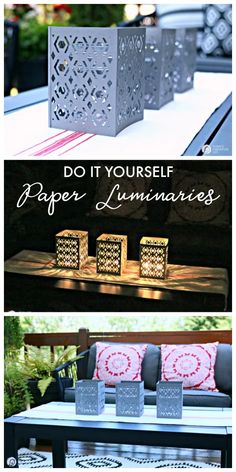 several different types of outdoor furniture with text that reads do it yourself paper luminaries