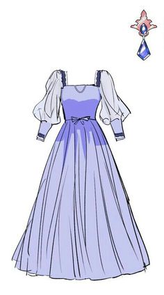 a drawing of a blue dress with puffy sleeves and a bow at the waist