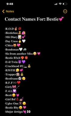 a black background with lots of different emoticions on the bottom right corner and text that reads contact names for bestie