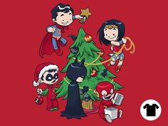 some cartoon characters around a christmas tree