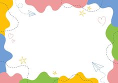 a colorful background with hearts, stars and paper airplanes in the sky above it is an empty space for text