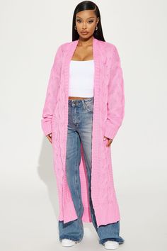 Available In Black, Pink, And Taupe. Cardigan Sweater Long Sleeve Open Front Cable Knit 100% Acrylic Imported | Aneria Long Cardigan in Pink size XL by Fashion Nova Baggy Fashion Outfits, Pink Cardigan Outfit, Baggy Fashion, Taupe Cardigan, Hot Pink Cardigan, Wide Leg Jeans Outfit, Long Cardigan Sweater, Sleepwear Fashion, Cardigan Sweater Coat