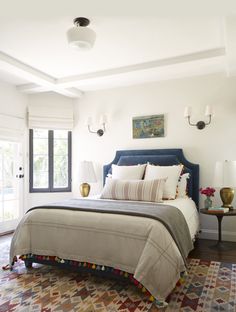 a bed sitting in a bedroom next to two lamps on either side of the bed