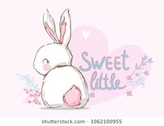 a cute bunny with flowers and hearts on a pink background sweet little, baby animals, person, stock photos, illustration art, royalty free images, lettering, illustrations, clipart, drawings, rabbit, graphics, flower, pictures, messages, heart