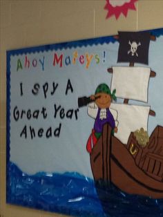 a bulletin board with an image of a pirate on it