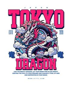 the poster for tokyo's dragon festival is shown in pink, blue and white