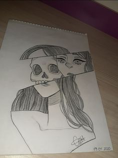 a drawing of a woman with two skulls on her head and one skull in the other's mouth