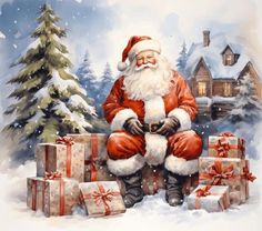 a painting of santa claus sitting in front of presents