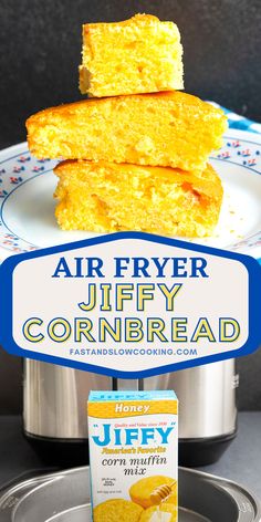 three pieces of cornbread sitting on top of an air fryer next to a box of jiffy cornbreads