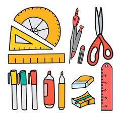 various school supplies such as rulers, pencils and scissors