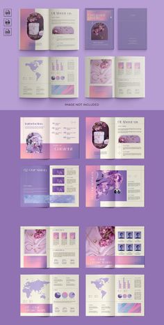 an open brochure with purple and pink colors on it, including the inside pages