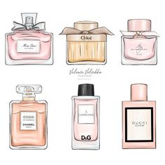 four different perfume bottles with the names of each one on them, all in pink and white