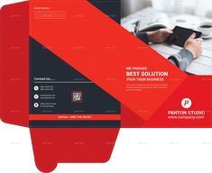 a red and black business brochure is shown