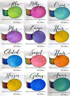 six different colors of makeup powders with the names of them in black and white