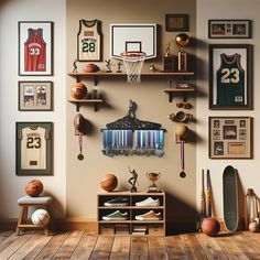 a basketball themed room with sports memorabilia on the wall and in front of it is a wooden floor