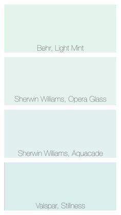 four different shades of blue and green with the words, behr light mint, sheryl