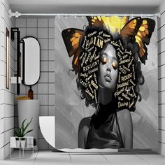 a bathroom with a butterfly on the wall and a woman's face covered in words