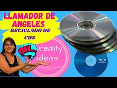 a woman standing next to a cd case with the words, llamador de angeless reciclado de cds