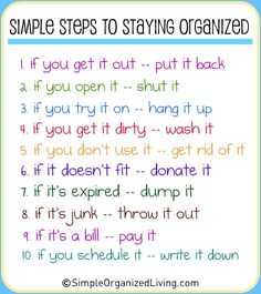 an image of a simple steps to staying organized text on a white background with blue border