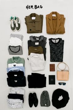 an assortment of clothes and accessories laid out on a white surface with the words her bag written above them