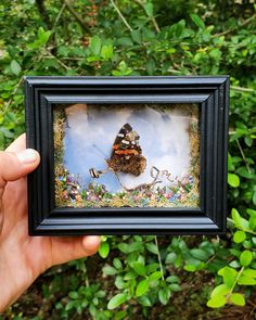 a person holding up a framed photo in front of some bushes and trees with a butterfly on it