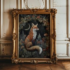 a painting of a fox sitting on top of a wooden floor next to a wall