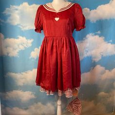 This Kawaii Nwt Never Worn Dress Is By Popular Jfashion Brand Toalice (To Alice)! Features A Bright Cherry Red Color, Dainty Chest Heart Cut Out, Puffy Ruffle Sleeves, Sailor Collar And Lined Inside Slip With Gingham Red And White Trim! (Tags Attached And Included A Detachable Matching Gingham Red & White Bow!) :) Also Has A Side Zipper For Ease Of Wear! ~~Size Japan 1: Best Fits A Size Xs/Small (Or Possible Medium Depending On Your Measurements Below: Estimated 35.5 Inches Long From Top To Bott To Alice, Cherry Red Color, Sublimation Ideas, Baby The Stars Shine Bright, Heart Cut Out, Red Accessories, Sailor Dress, Sailor Collar, J Fashion