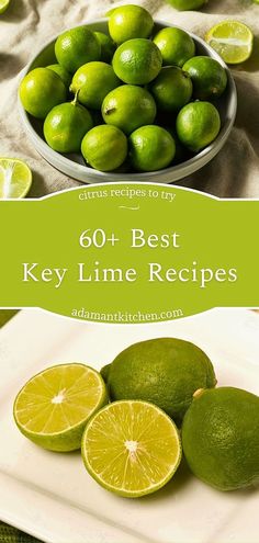 limes and lemons on a plate with the title text overlay reads 60 best key lime recipes