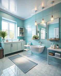 a bathroom with blue walls and tile flooring is pictured in this image, there are two sinks on either side of the bathtub