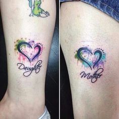 two tattoos that say daughter and mother on their legs, one has a heart in the middle