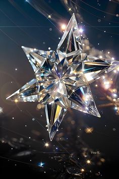 a shiny star ornament hanging from the ceiling in front of some lights and sparkles