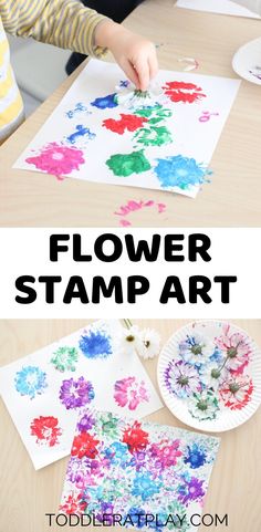 kids painting flowers on paper plates with the words flower stamp art in black and white