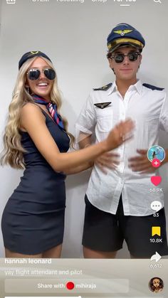 a man and woman dressed up as pilots in front of a screen with the caption