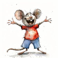 a watercolor drawing of a mouse with his arms out and eyes wide open, standing in front of a white background