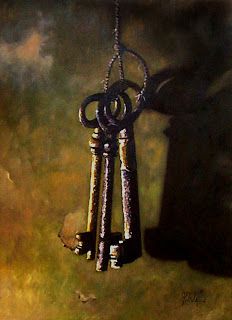 an old key hanging from a chain on a wall with the shadow of a person standing next to it