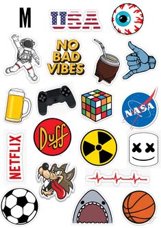 various stickers with different types of logos