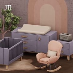 a baby's nursery room with furniture and accessories in pastel colors, including a rocking chair