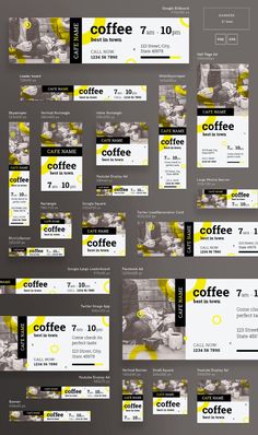 a bunch of yellow and black business cards with coffee on the front, one in the middle