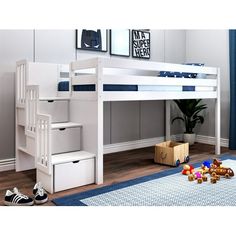 a white loft bed with stairs and storage drawers in the bottom bunk, next to a blue rug