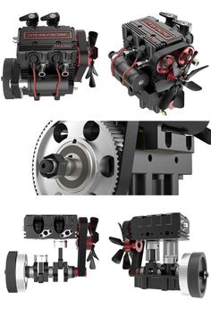 three different views of the same machine and its parts are shown in this set up