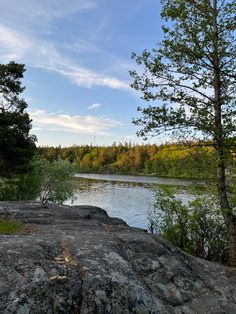 a river with trees and rocks in the foreground under a blue sky, surrounded by wooded area