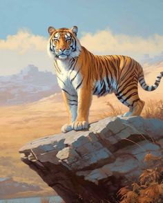 a painting of a tiger standing on top of a rock