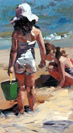 a painting of people on the beach with one person holding a bucket and two others laying in the sand