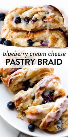 blueberry pastry braids are stacked on top of each other