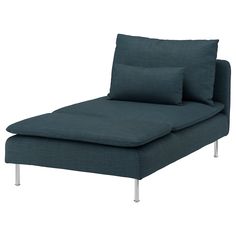 a blue chaise lounger with pillows on it's back and legs, viewed from the front