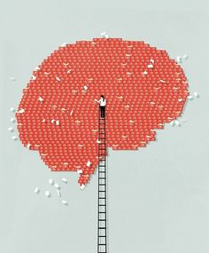 a man is standing on a ladder to reach the top of a giant red brain