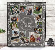 the personalized family photo quilt is displayed on a table