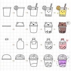 the instructions for how to draw different kinds of food and drinks in one drawing book