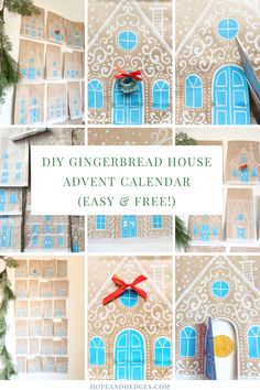 gingerbread house with blue windows and red ribbon on the front, surrounded by other pictures