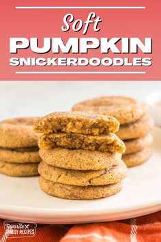 soft pumpkin snickkerdoodles stacked on top of each other with text overlay